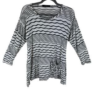Yushi Dark Gray White Striped Round Neck 3/4 Sleeve Gauze Blouse Size XL